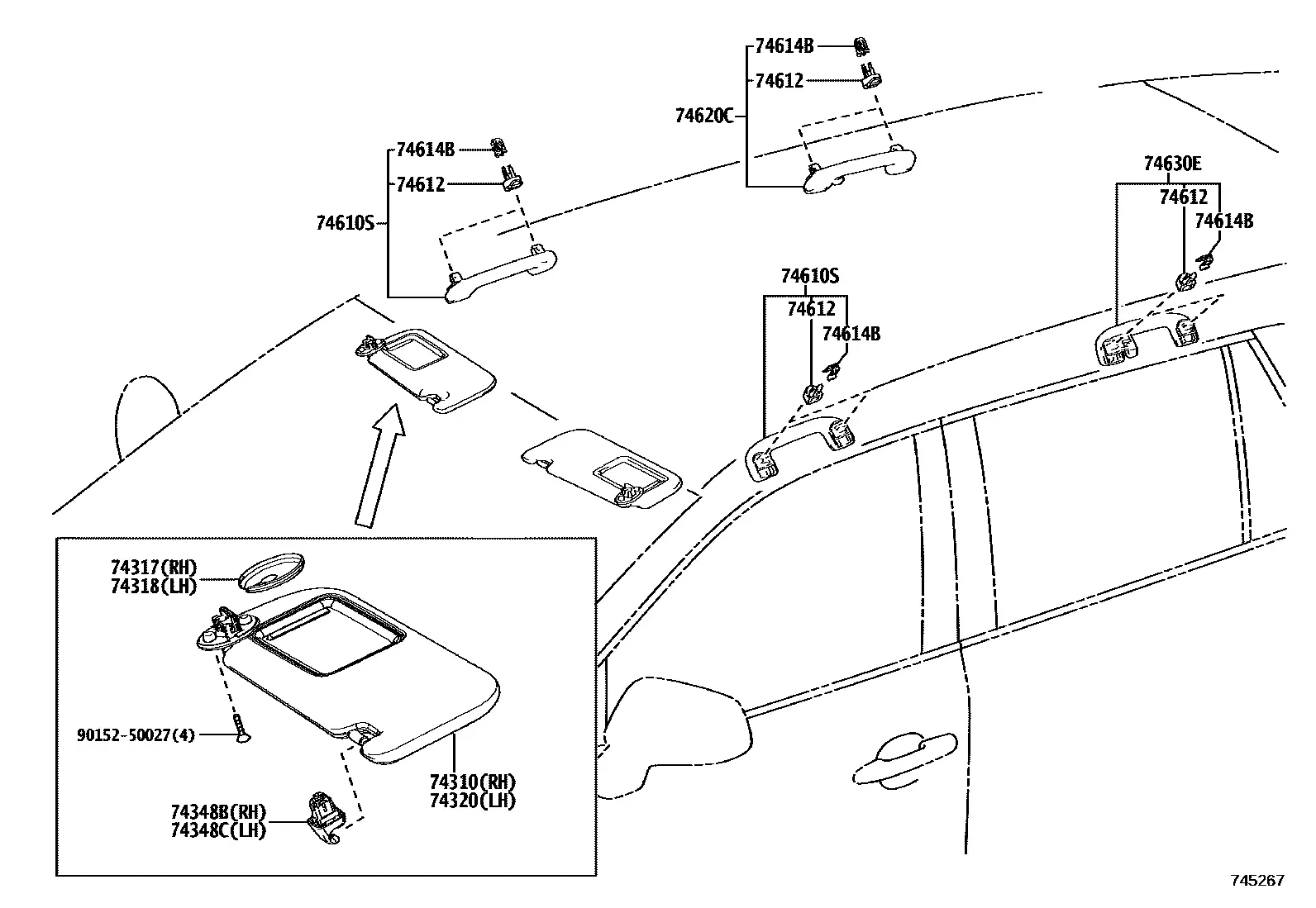 Assist grip and sun visor diagram