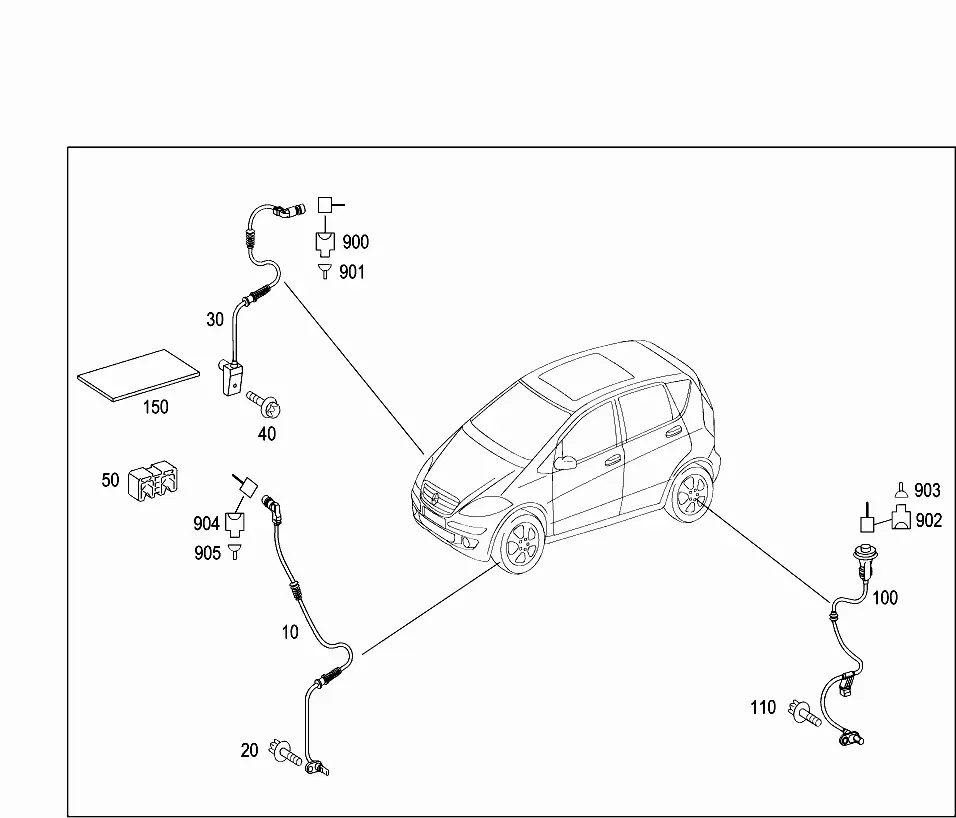 Brake pad wear indicator and speed sensor, front and rear axle diagram