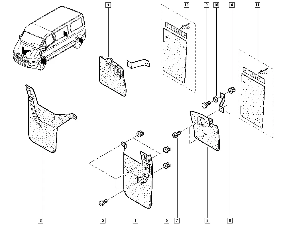 Mud guards and wheel arch liners diagram