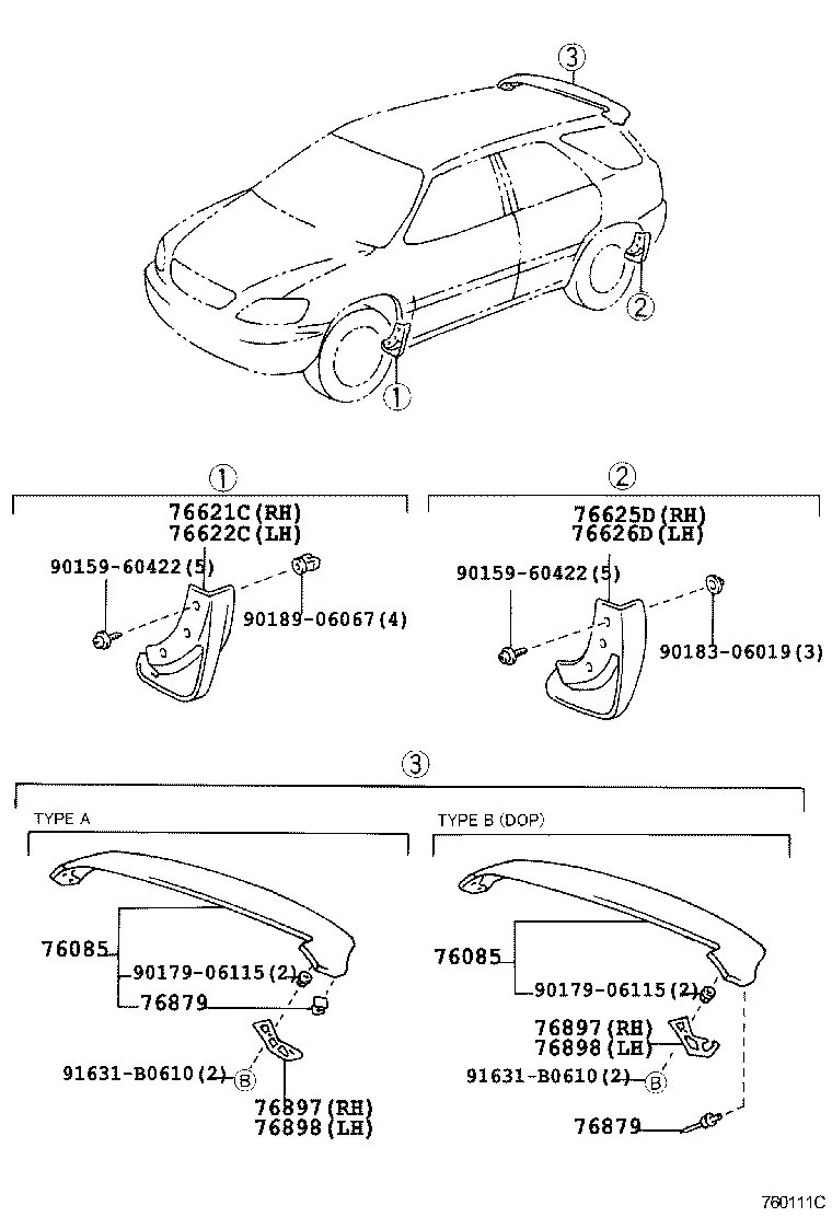 Mud guards and spoiler diagram