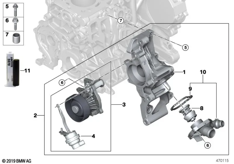 Cooling pump and thermostat diagram