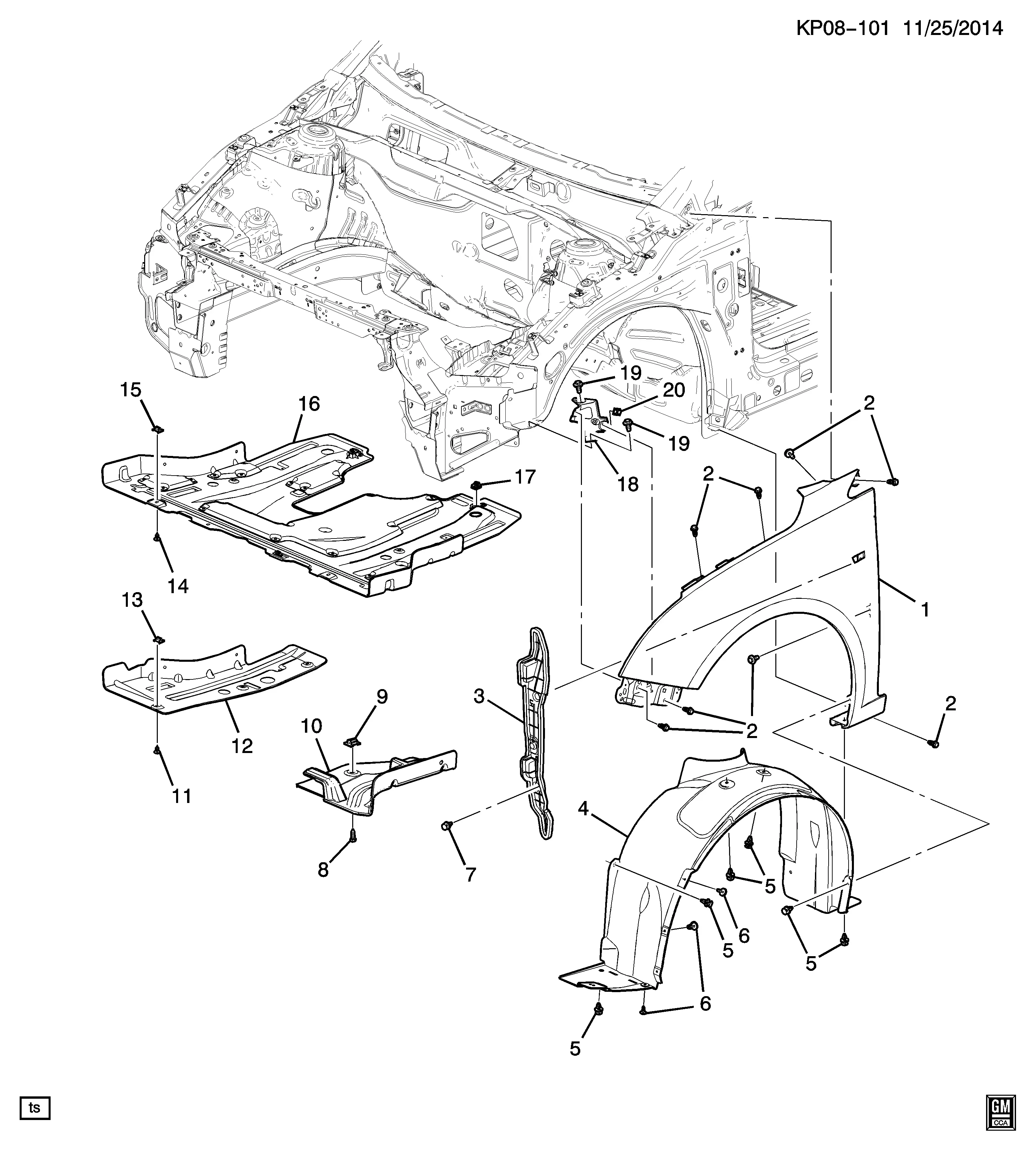 Front fender and wheel housing liner diagram