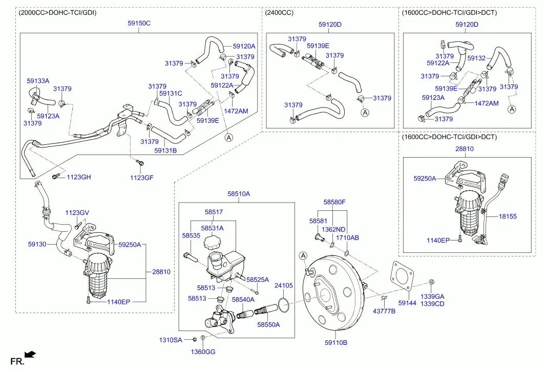 Brake master cylinder and vacuum booster diagram
