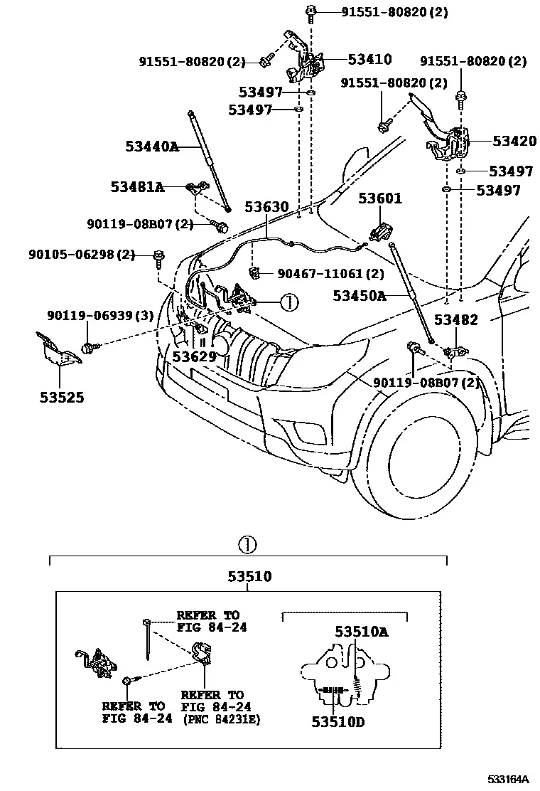 Hood lock and hinges diagram