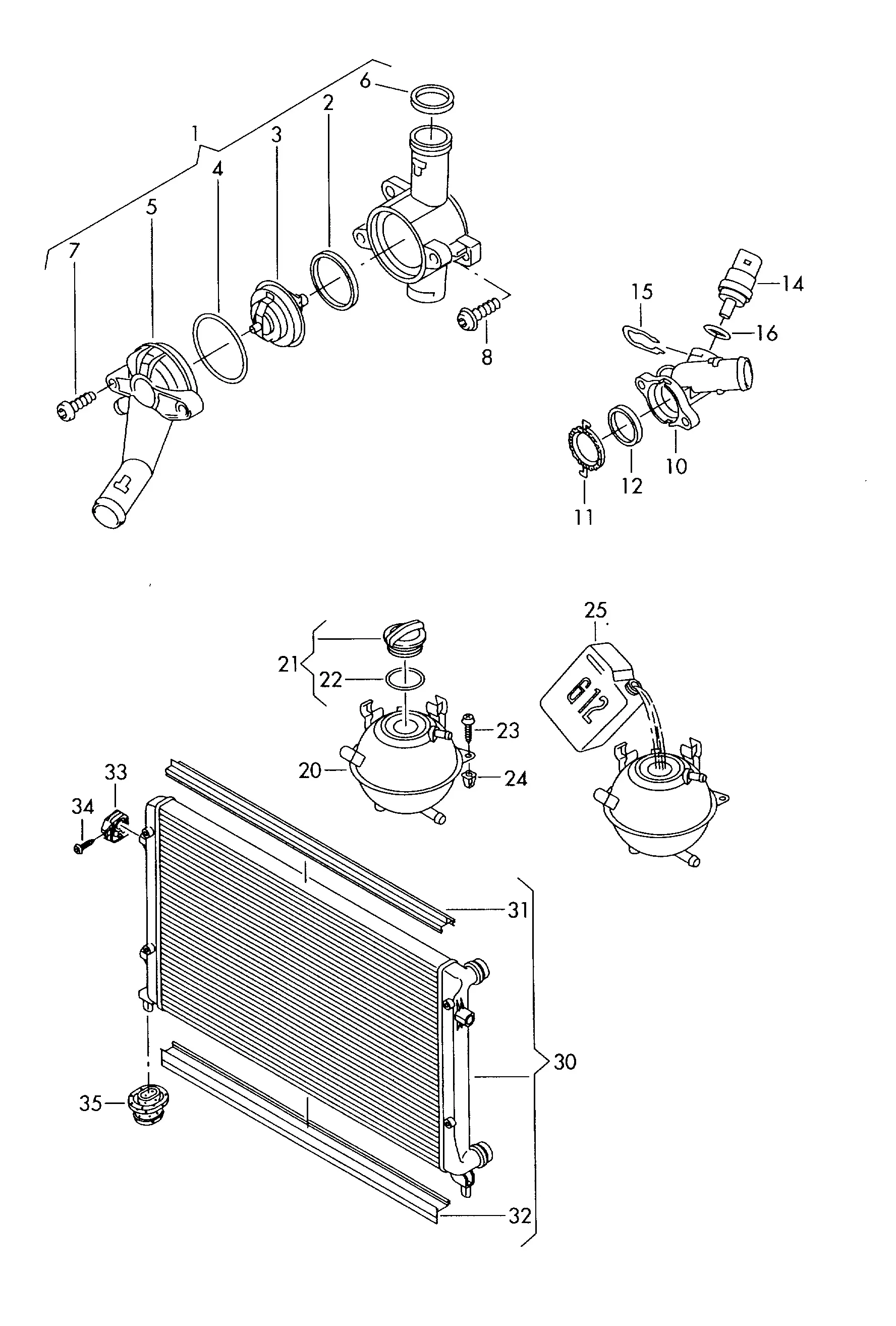 Thermostat Housing, Expansion Tank and Coolant Radiator diagram