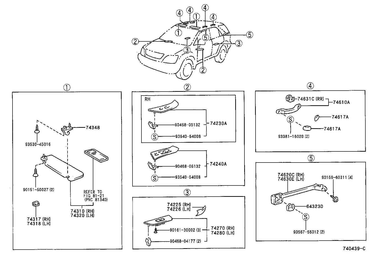 Sun Visors, Handles and Armrests diagram