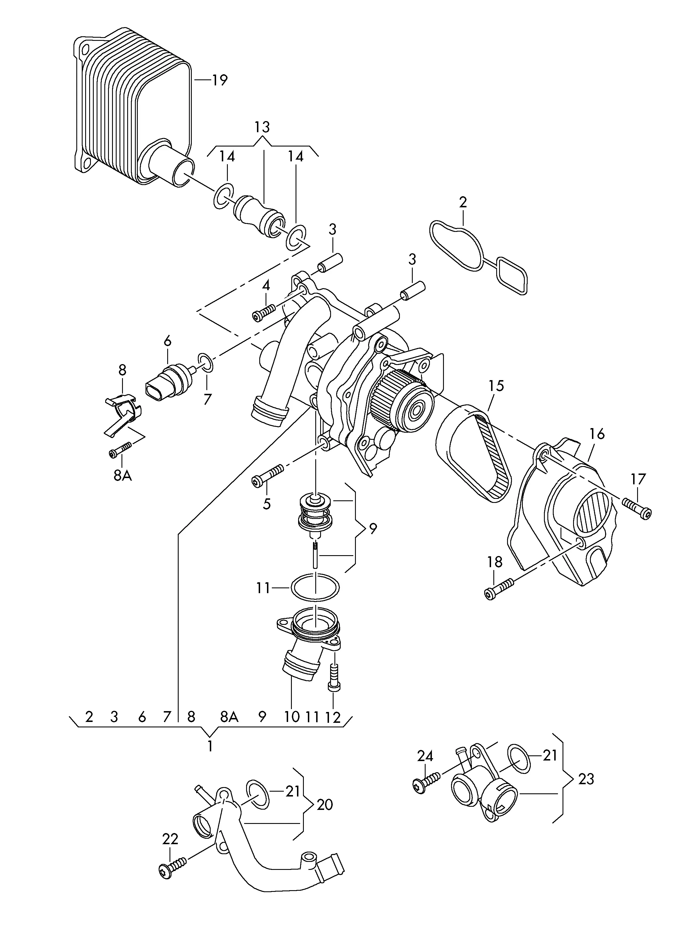 Насос охлаждения, термостат и штуцер diagram