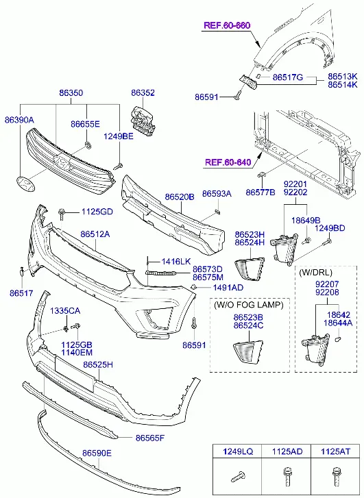Front Bumper with Radiator Grille diagram