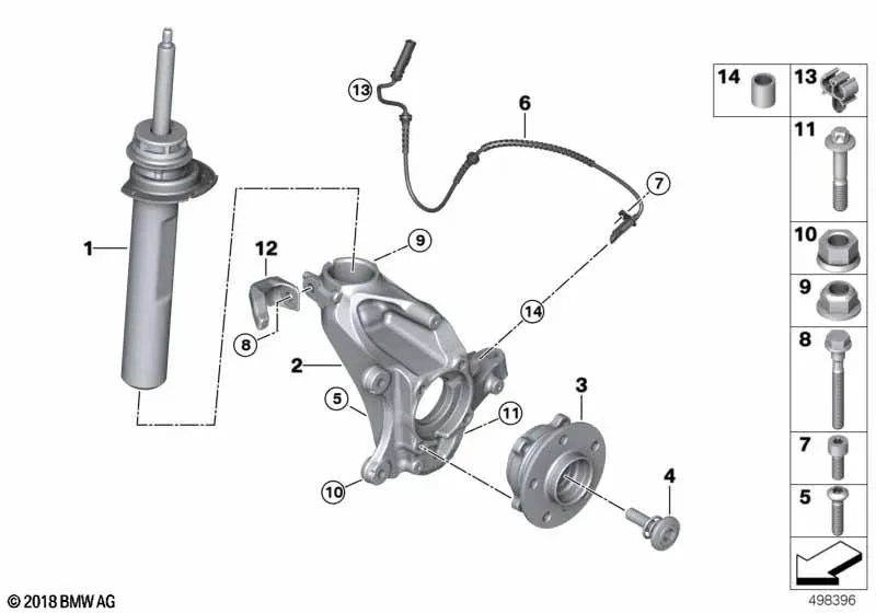 Передняя амортизационная стойка, поворотная опора и ступица колеса diagram