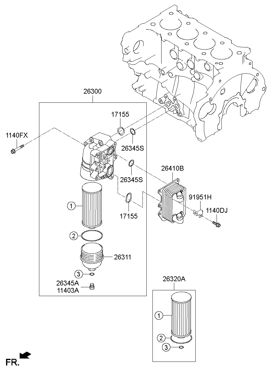 Передняя крышка двигателя и масляный фильтр diagram