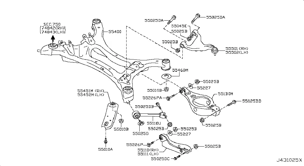 Rear Suspension Crossmember and Arms diagram