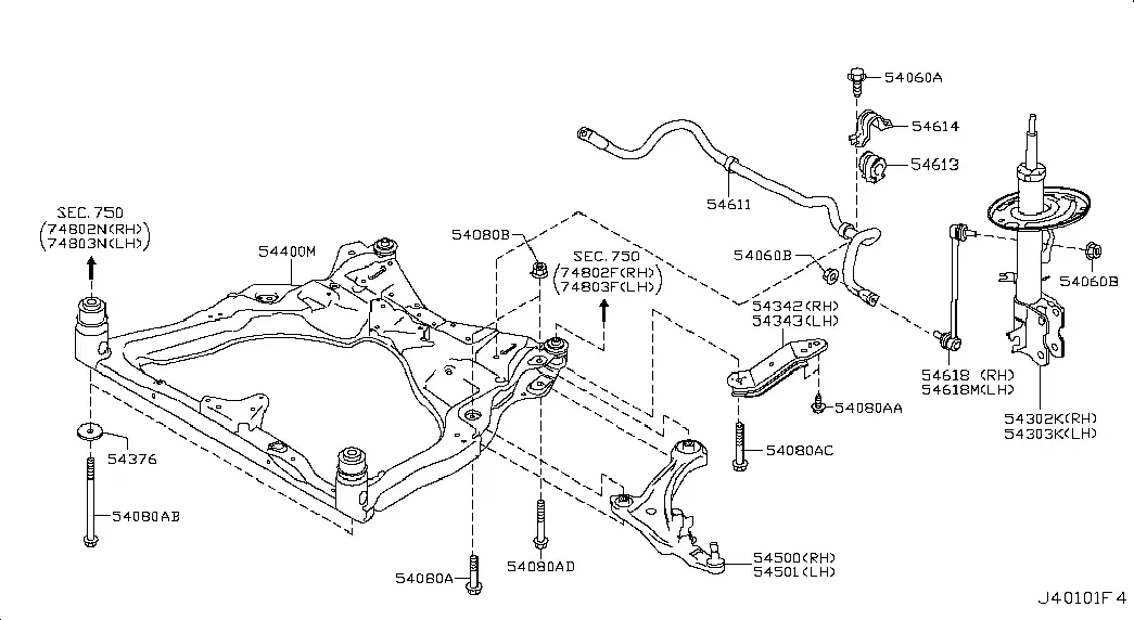 Front Suspension Crossmember and Struts diagram