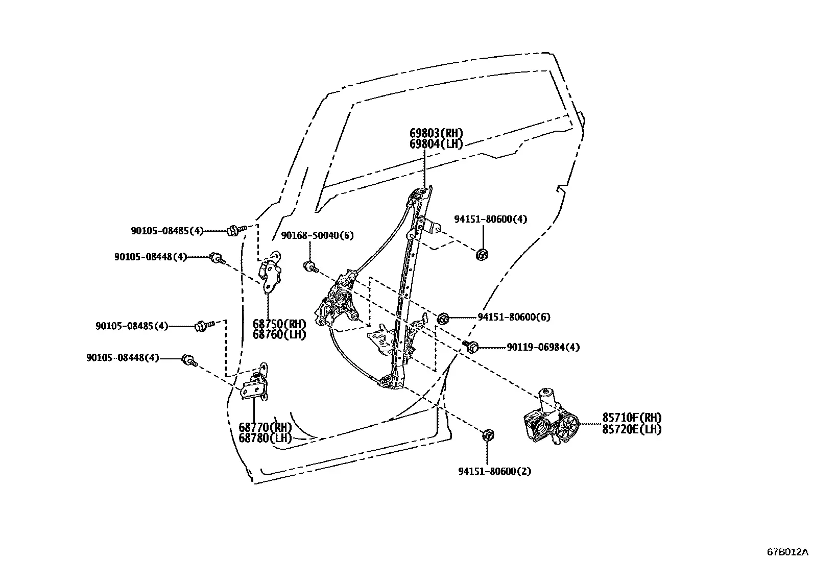 Rear door window regulator and hinges diagram