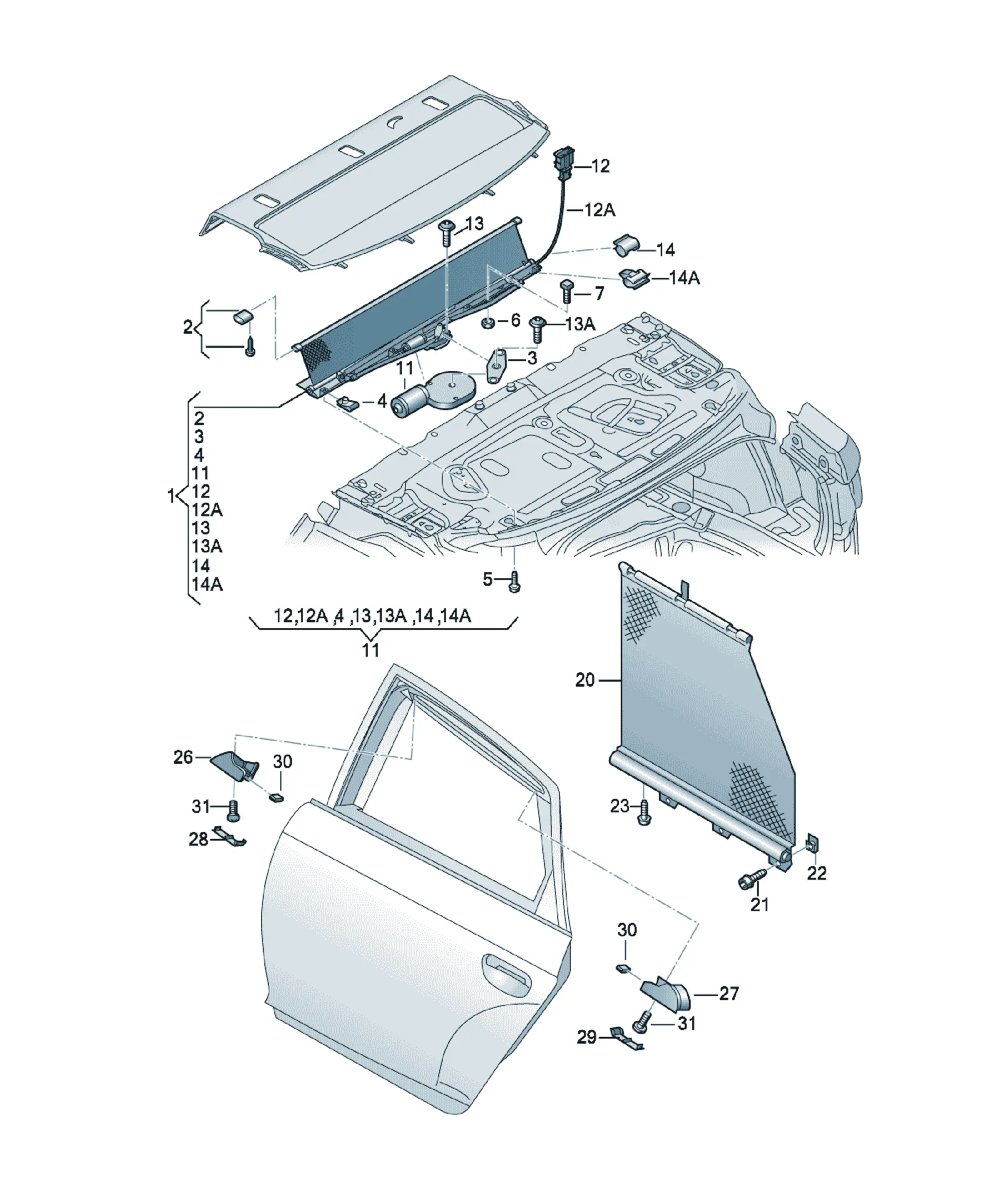 Luggage compartment roller blind diagram