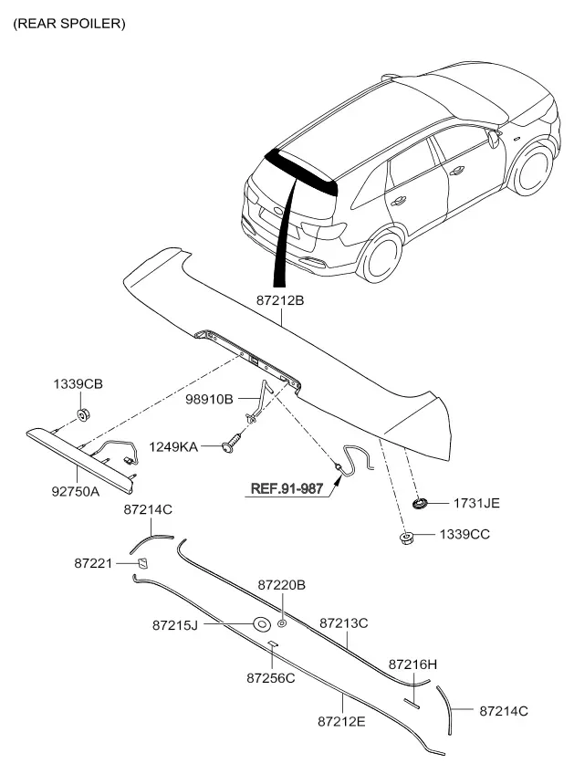 Roof garnish and rear spoiler diagram