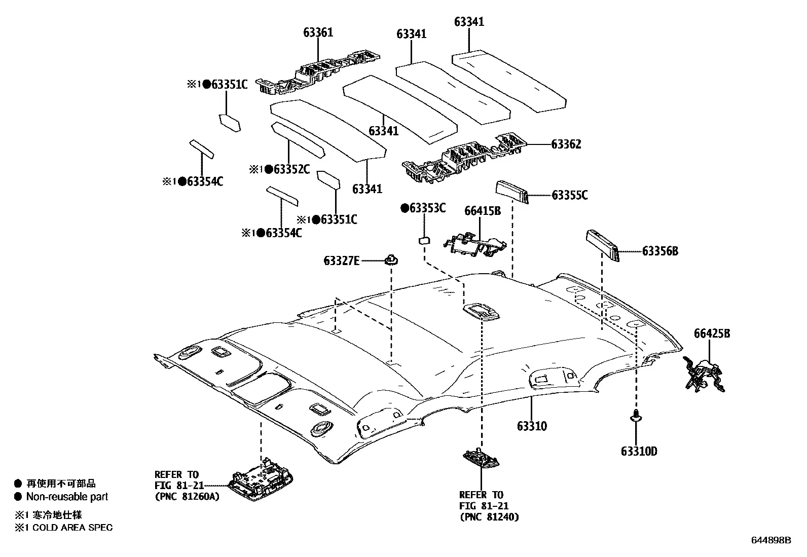 Roof headlining and silencer pad diagram
