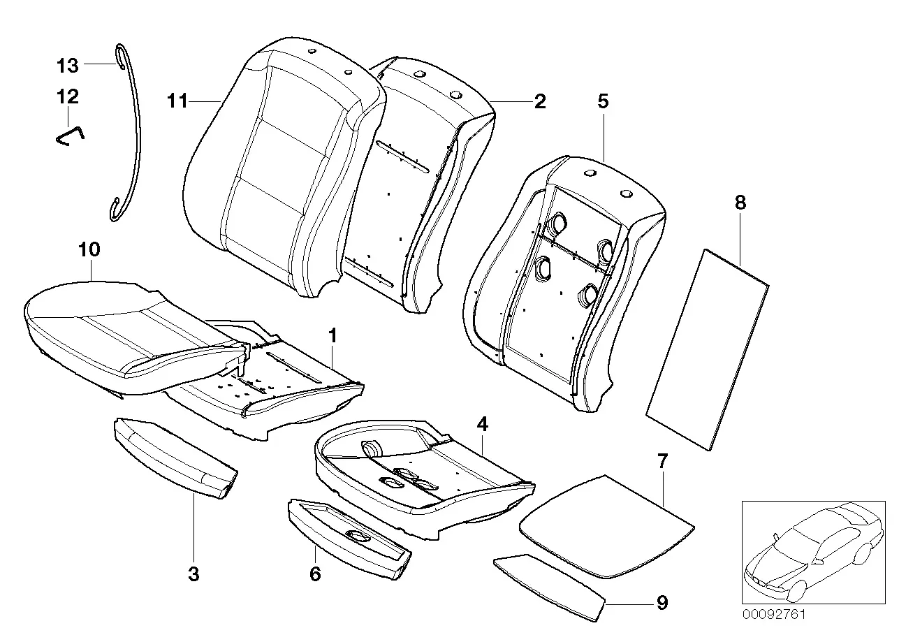 Front seat upholstery and foam diagram