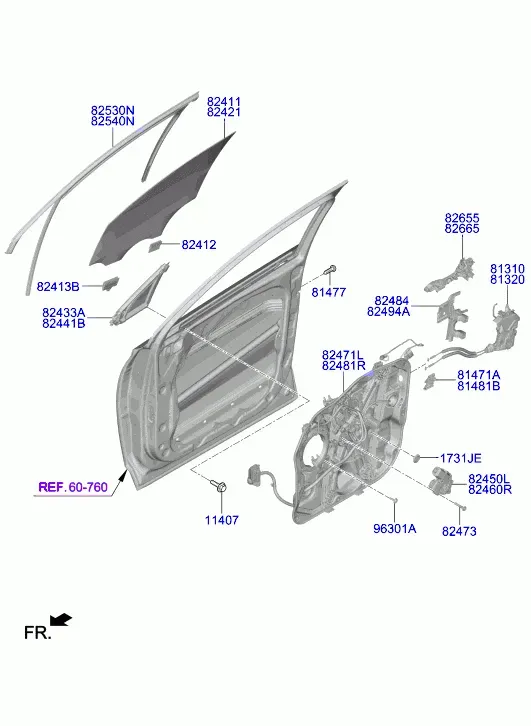 Front Door Window Regulator and Glass diagram