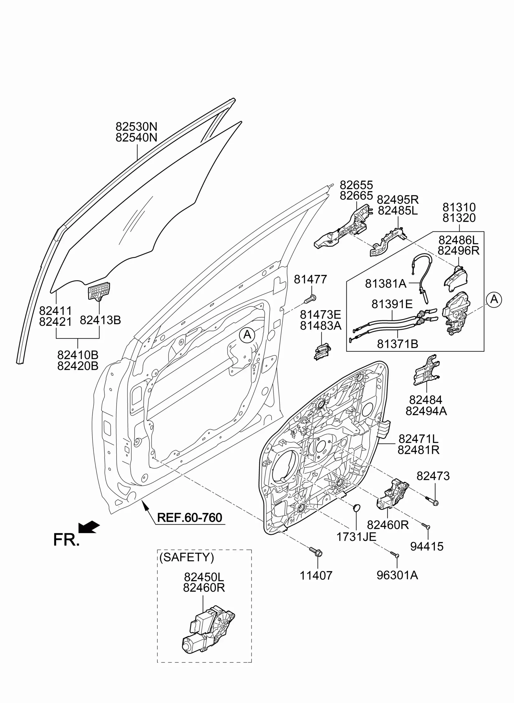 Front Door Window Regulator and Glass diagram