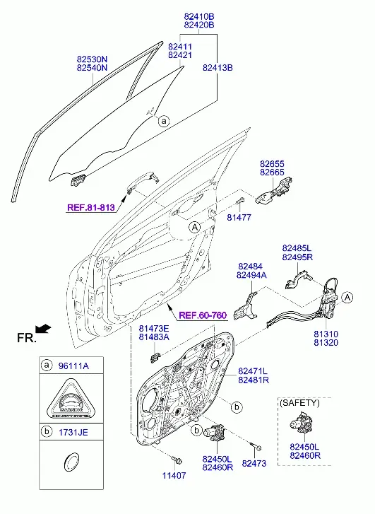 Front Door Window Regulator and Glass diagram