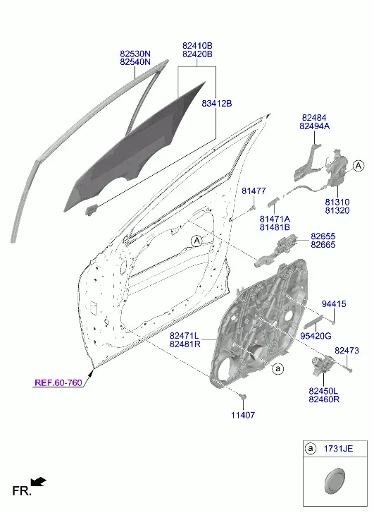 Front Door Window Regulator and Glass diagram