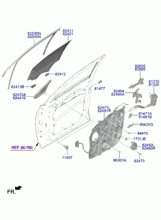 Front Door Window Regulator and Glass diagram