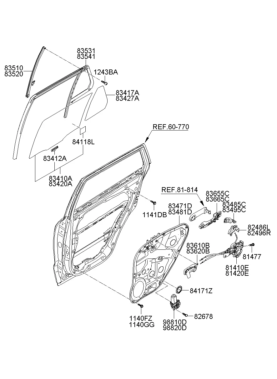 Rear Door Window Regulator and Glass diagram