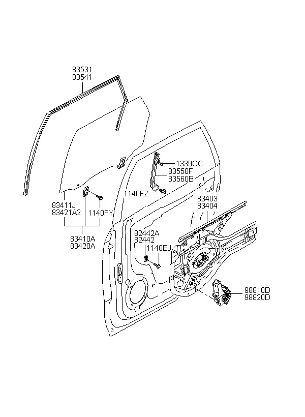 Rear Door Window Regulator and Glass diagram