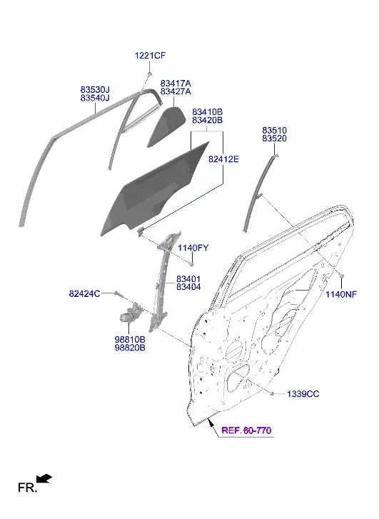 Rear Door Window Regulator and Glass diagram