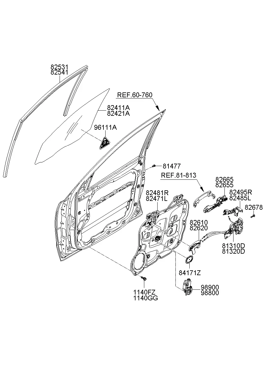 Front Door Window Regulator, Glass and Latch diagram