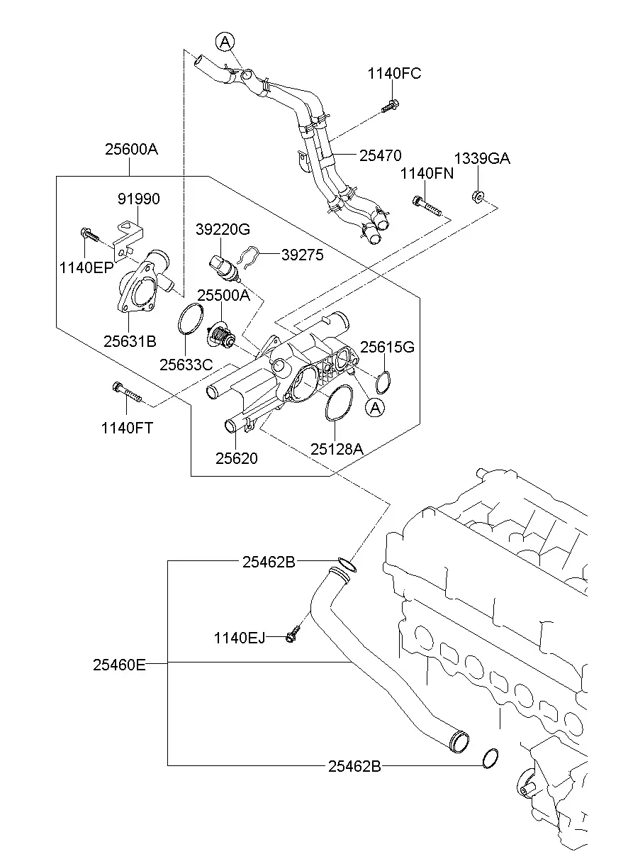 Thermostat and Coolant Pipes diagram