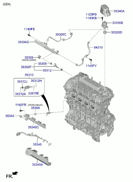 Direct Injection Fuel Rail and Injectors diagram