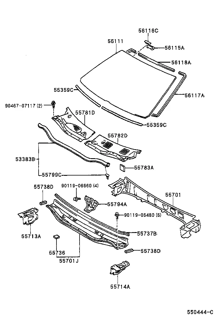 Cowl Panel and Windshield Glass diagram