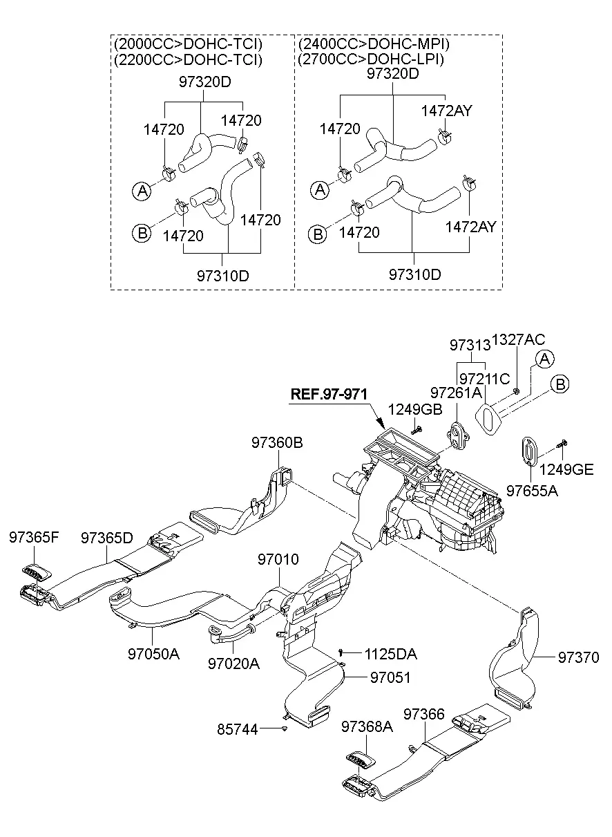 Rear heater ducts and hoses diagram