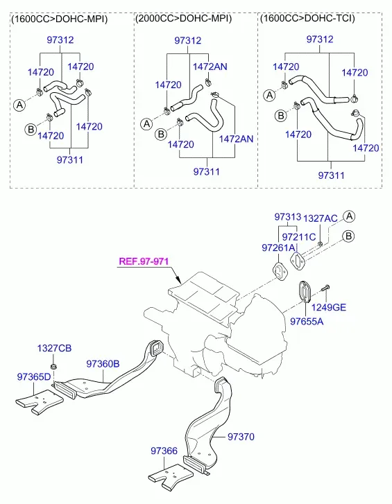 Rear heater ducts and hoses diagram