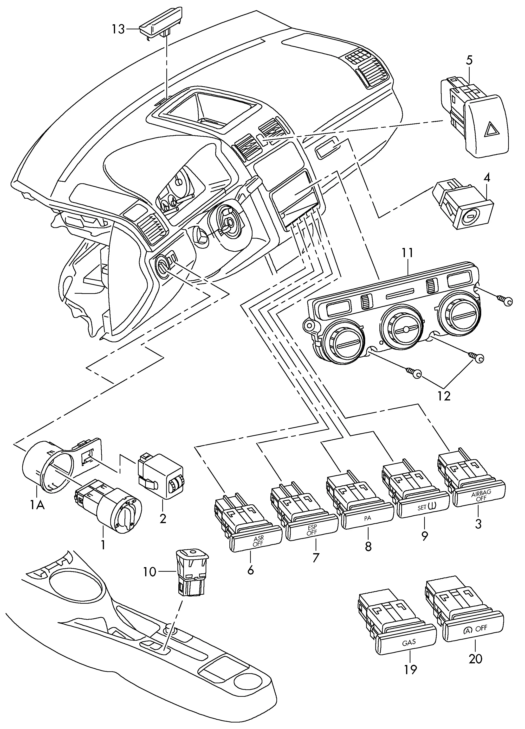 Instrument panel and climate control switches diagram