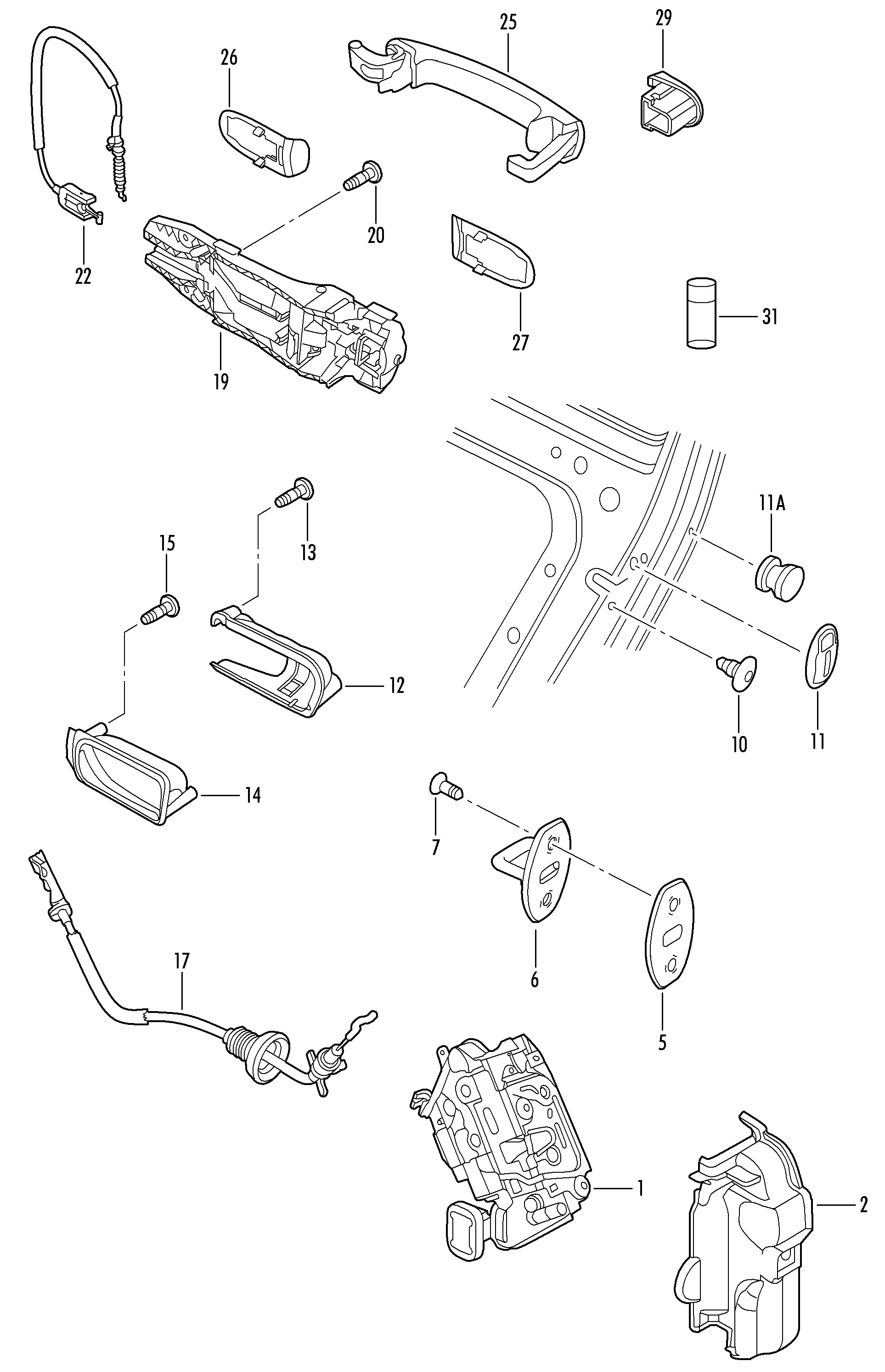 Door Lock, Interior and Exterior Handles diagram