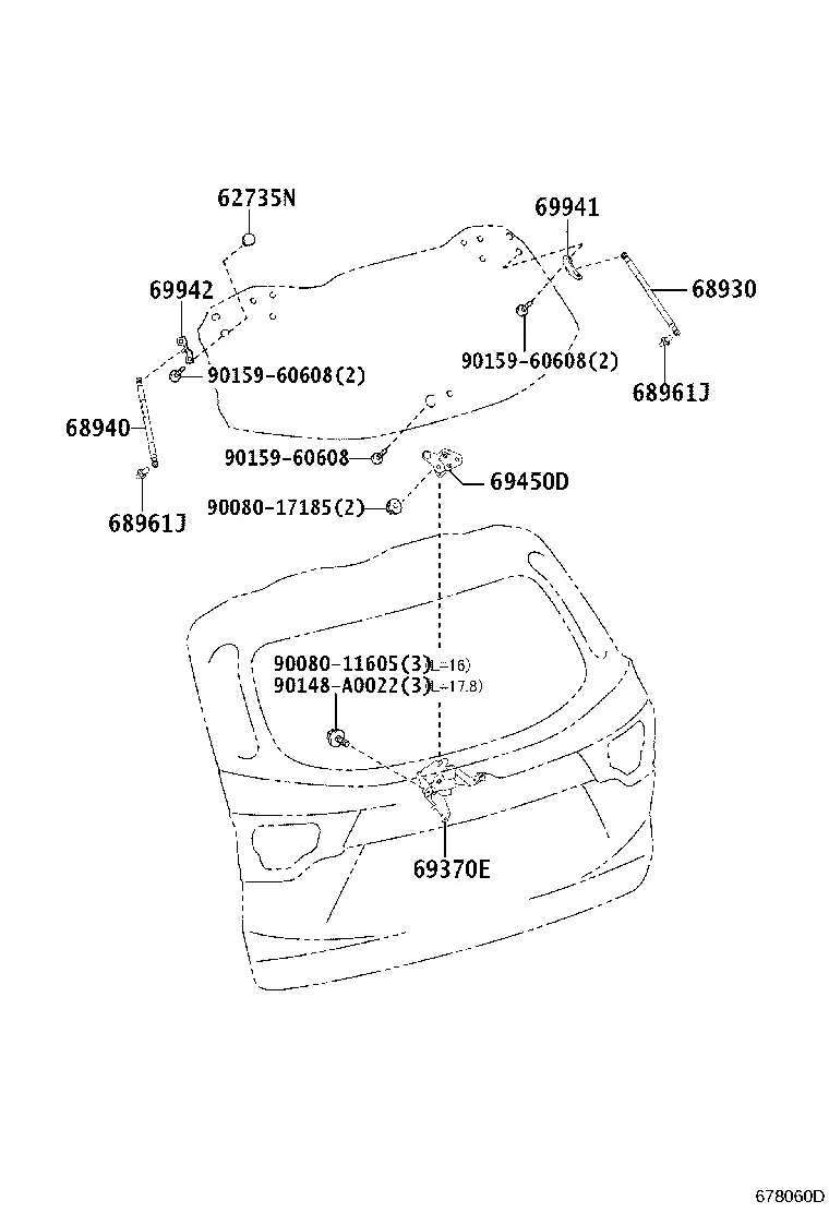 Tailgate Window Lock and Struts diagram